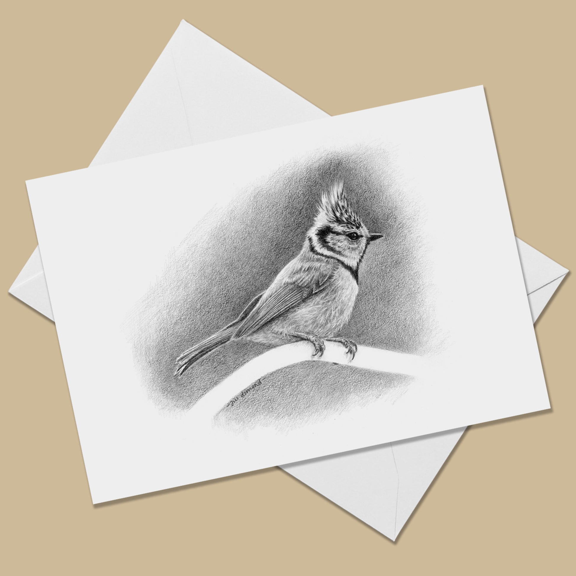 White greeting card with the image of a black and white drawing of a crested tit looking to the right.  The card is on top of a white envelope.