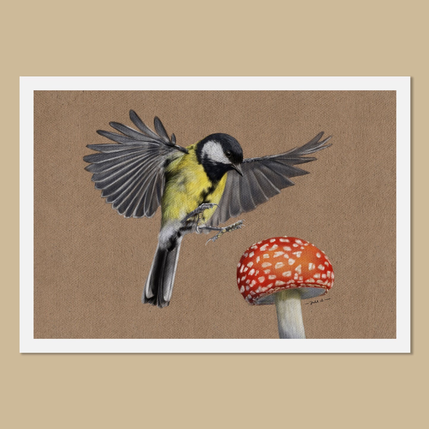 White art prints with the image of a painted great tit bird flying towards a red and white spotted mushroom.  The bird is painted on a toned-brown canvas background