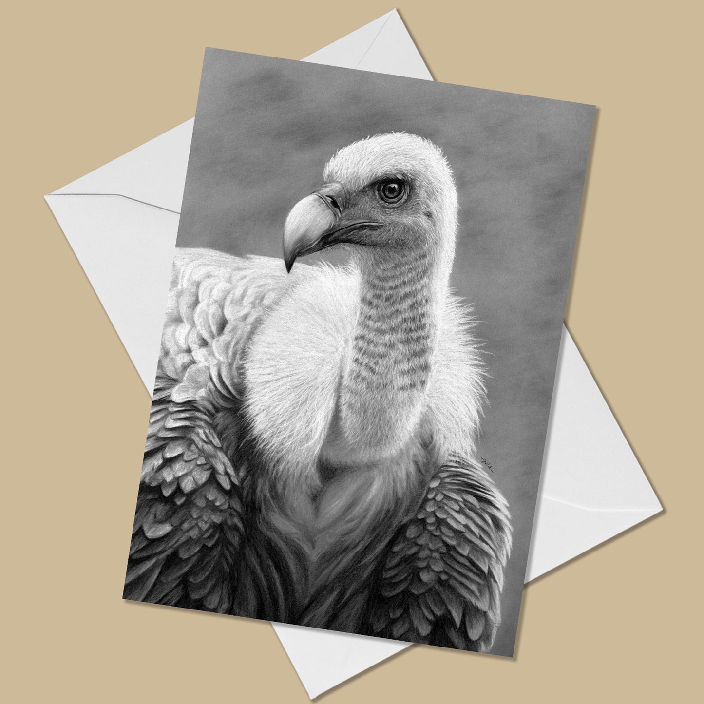Greeting card with the image of a griffon vulture looking off to the left. The card is on a white envelope