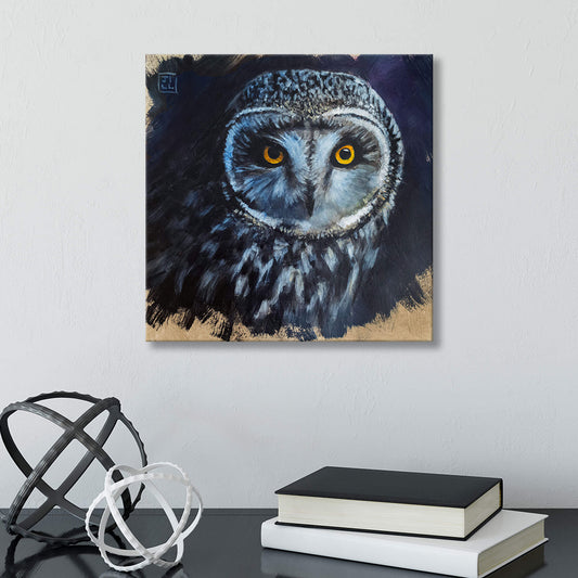 Painting of a short-eared owl by Jill Dimond on a wall with books and decorative items below