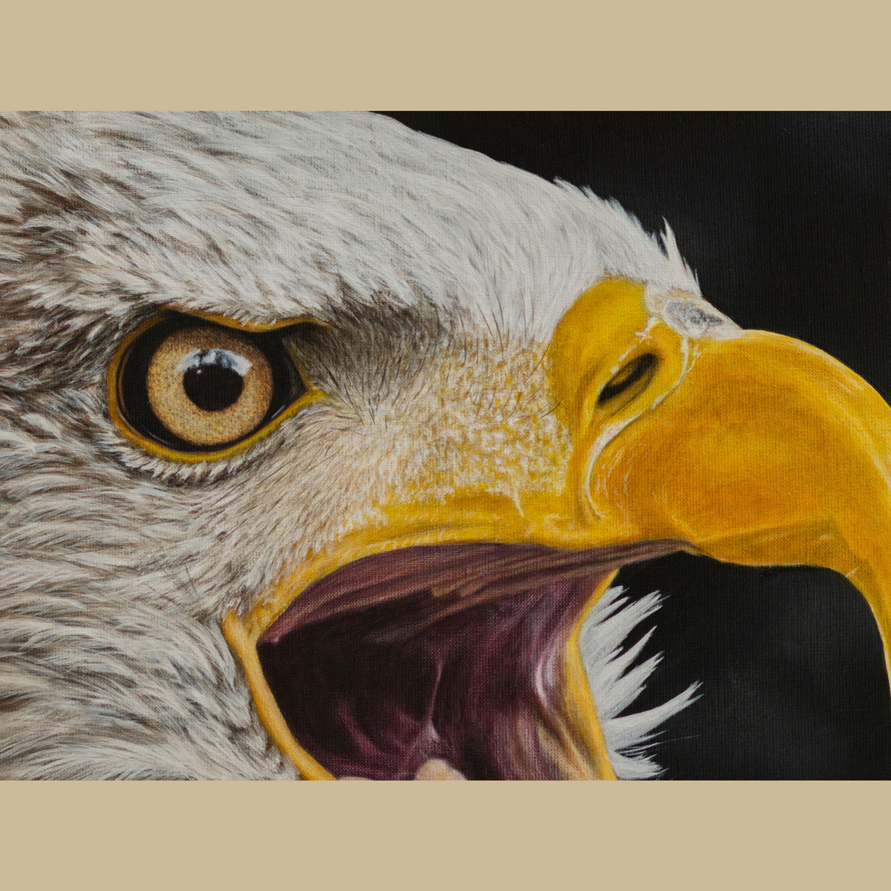 Close up of painting of bald eagle eye and beak