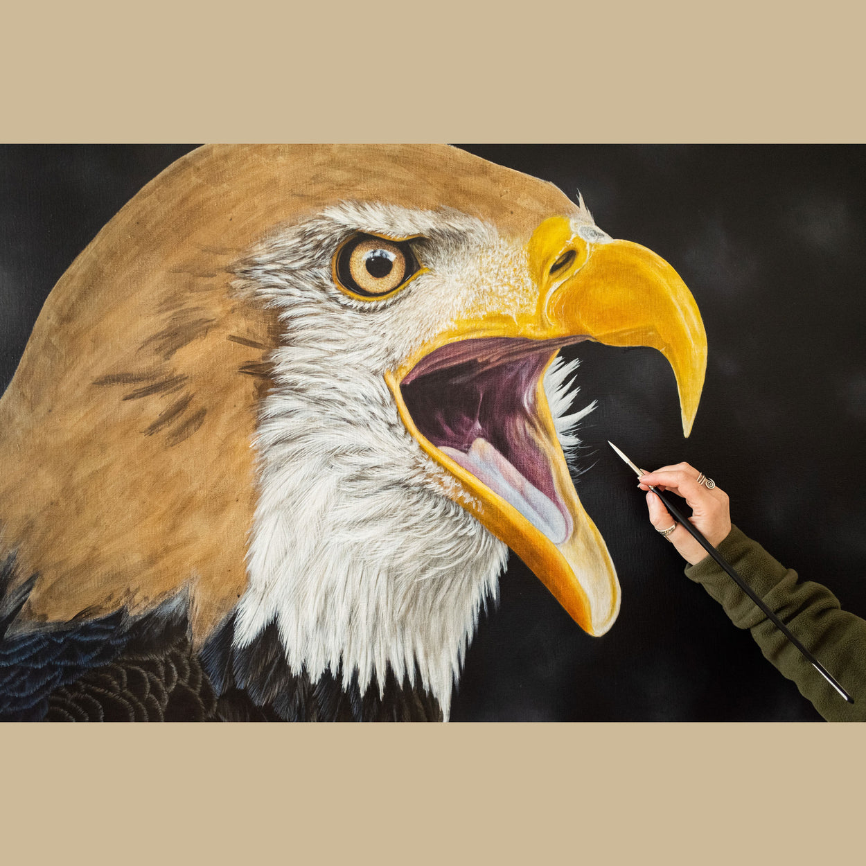 Image showing a hand and arm holding a paintbrush over a part-complete large painting of a bald eagle portrait