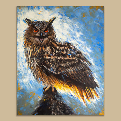 Eagle owl original oil painting on stretched canvas  by bird artist Jill Dimond, the painting is lying flat on a light brown background
