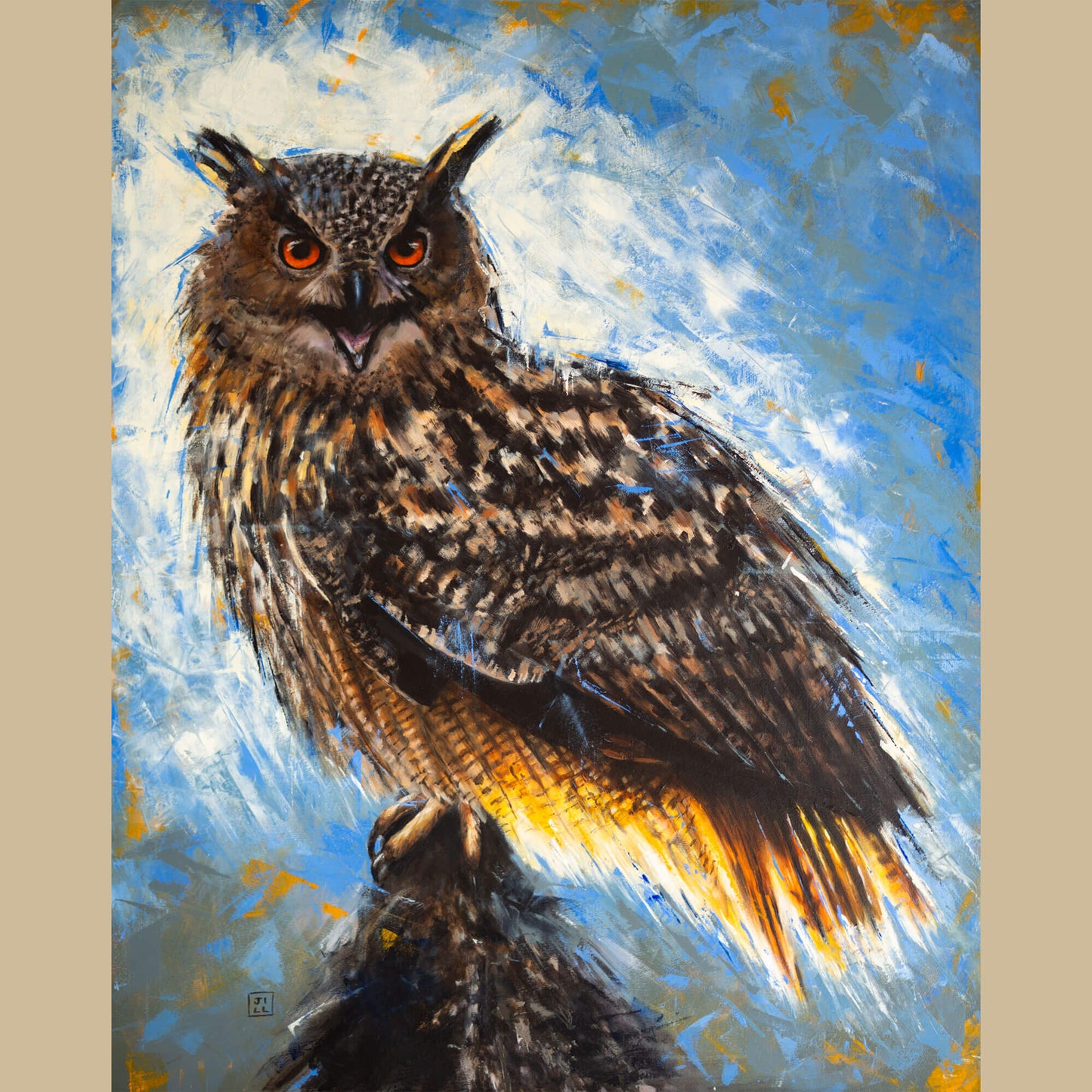 Eurasian eagle owl original oil painting by bird artist Jill Dimond, featuring bold paint strokes and bright colours