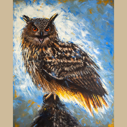 Eurasian eagle owl original oil painting by bird artist Jill Dimond, featuring bold paint strokes and bright colours