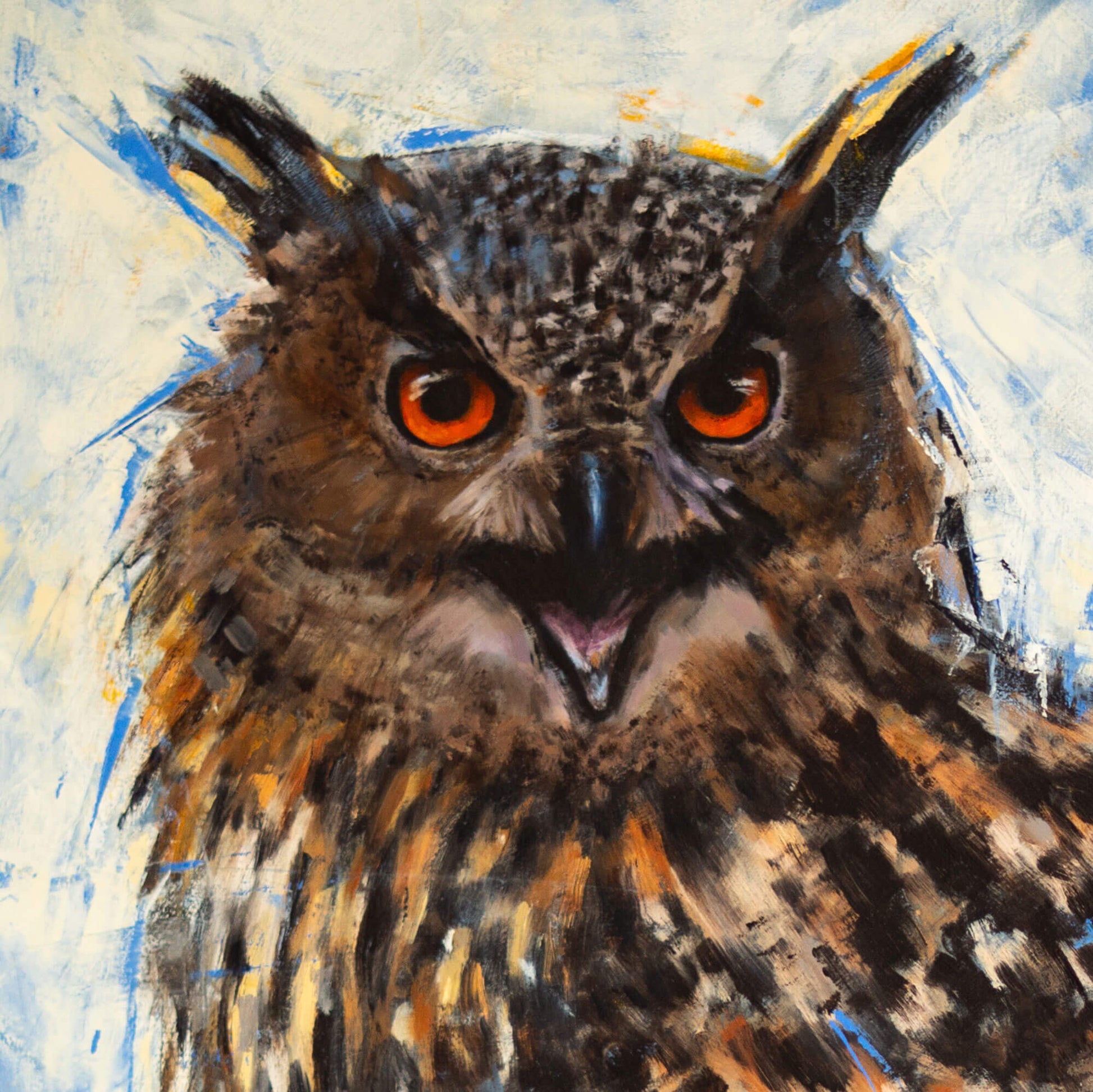 Eurasian eagle owl original oil painting by bird artist Jill Dimond, close-up detail of the face, eyes and open beak