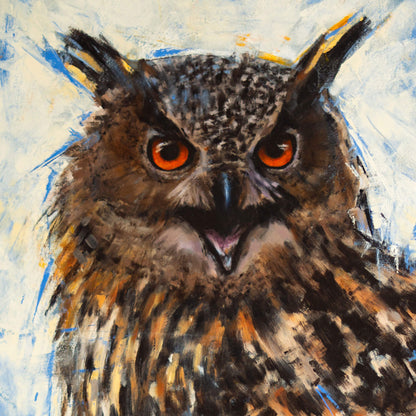 Eurasian eagle owl original oil painting by bird artist Jill Dimond, close-up detail of the face, eyes and open beak