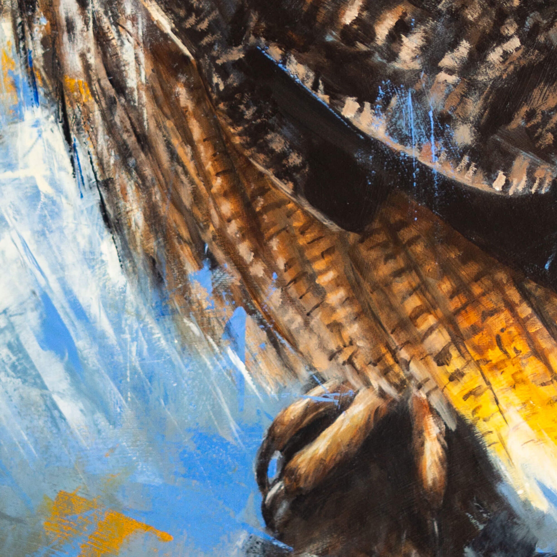 Eurasian eagle owl original oil painting close-up detail of feet and feathers, by bird artist Jill Dimond