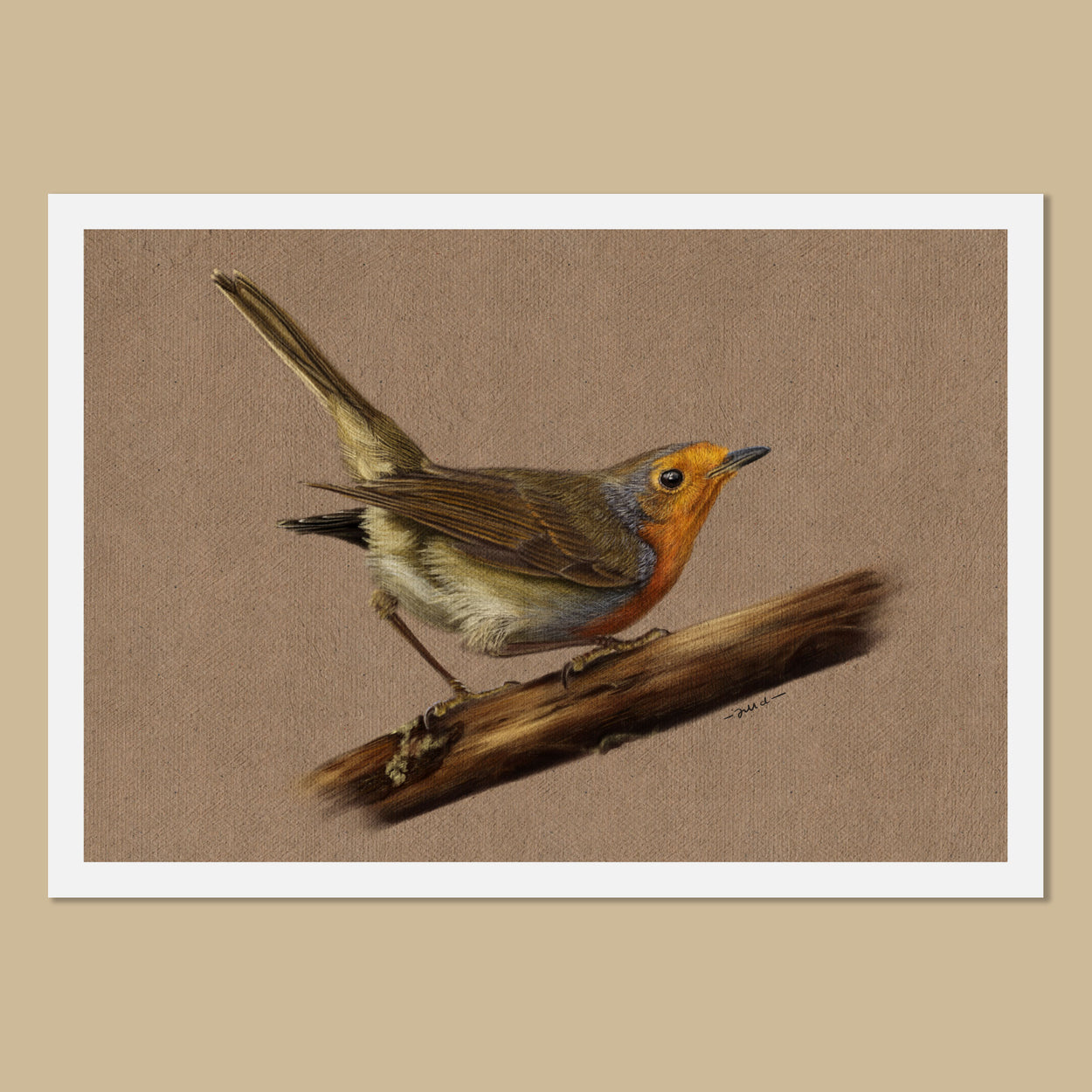 Art print on white paper with the image of a painting of a European robin red breast stood on a branch, with a brown-toned canvas background