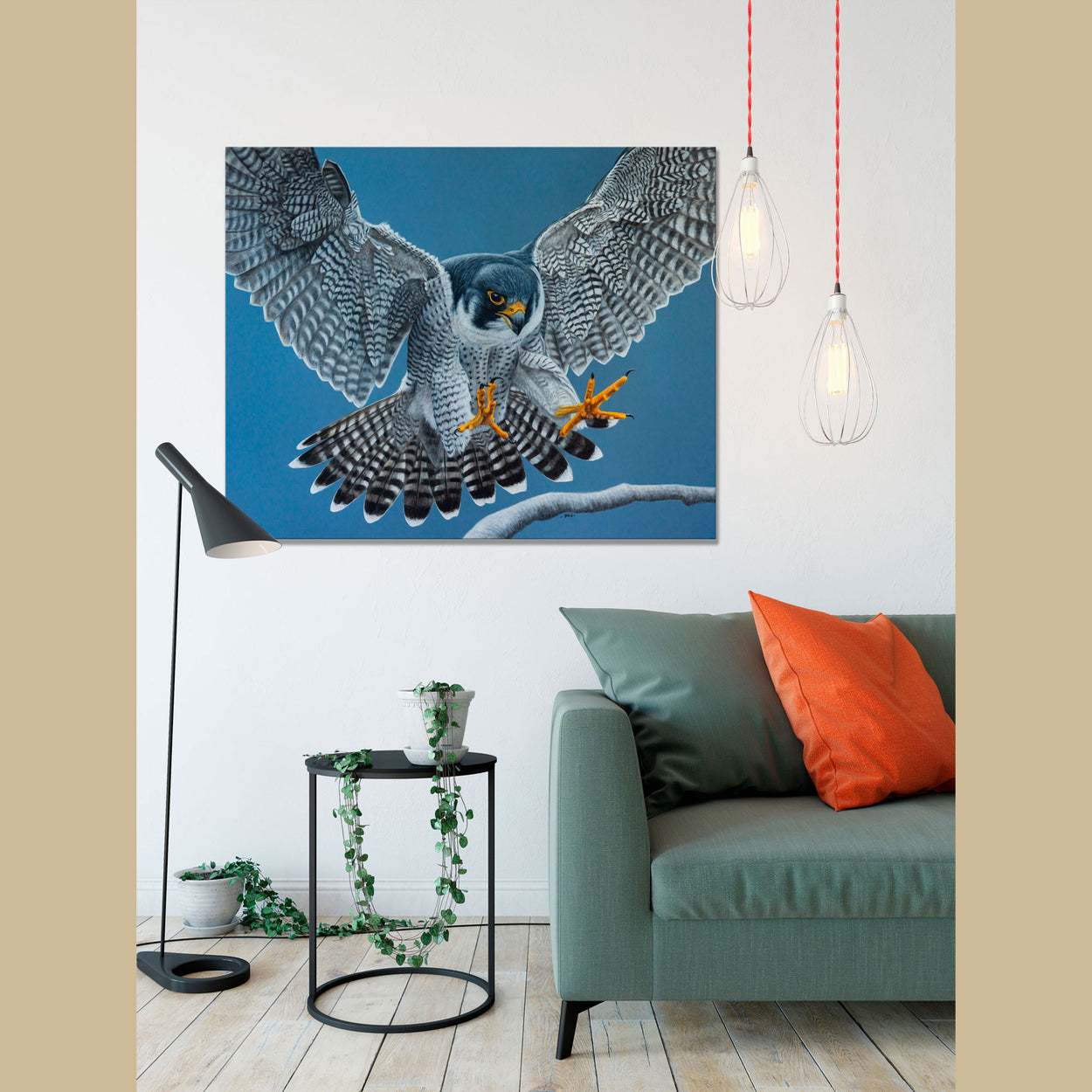 Painting of a flying peregrine on a white wall