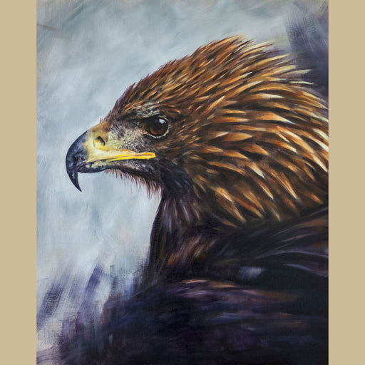 Portrait painting of a golden eagle head and shoulders facing to the left