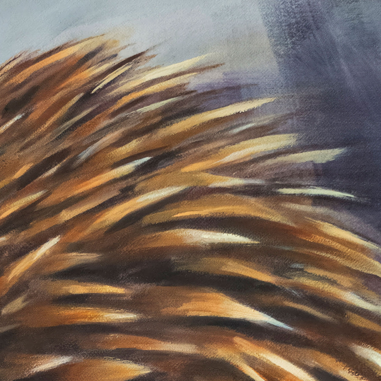 Close-up of an oil painting of golden eagle feathers