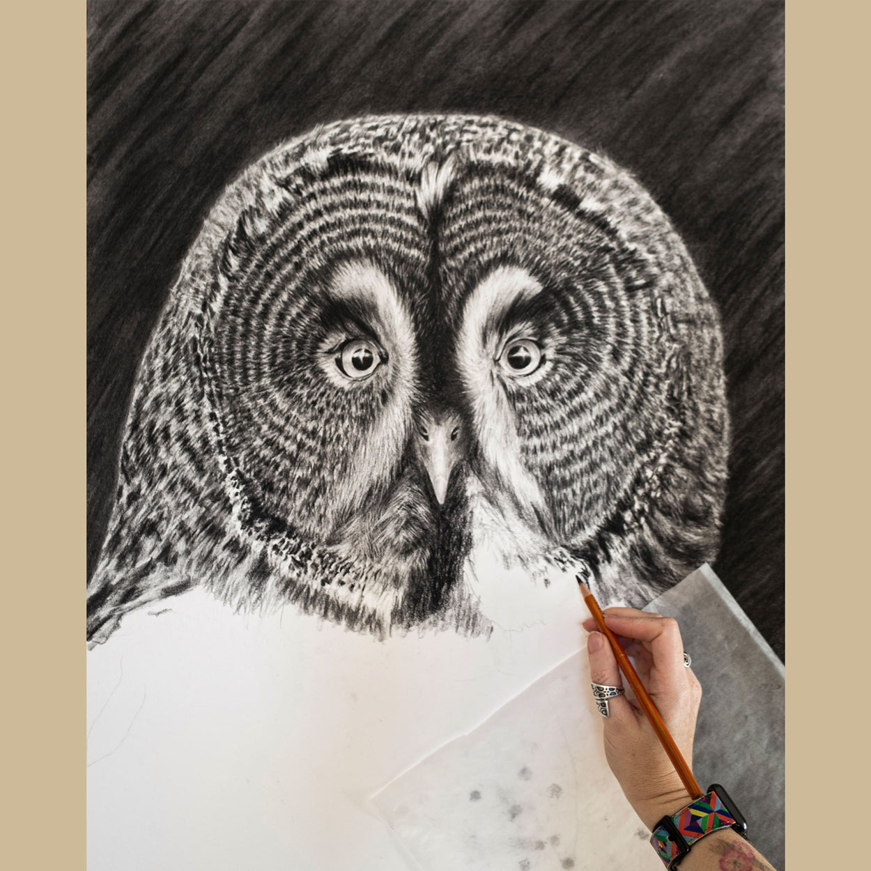 Hand holding pencil over a half completed black and white drawing of a great grey owl