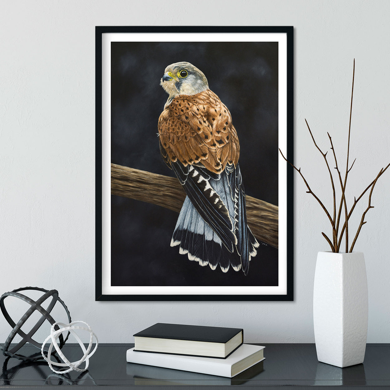 Black frame on white wall containing a print featuring a male common kestrel painting