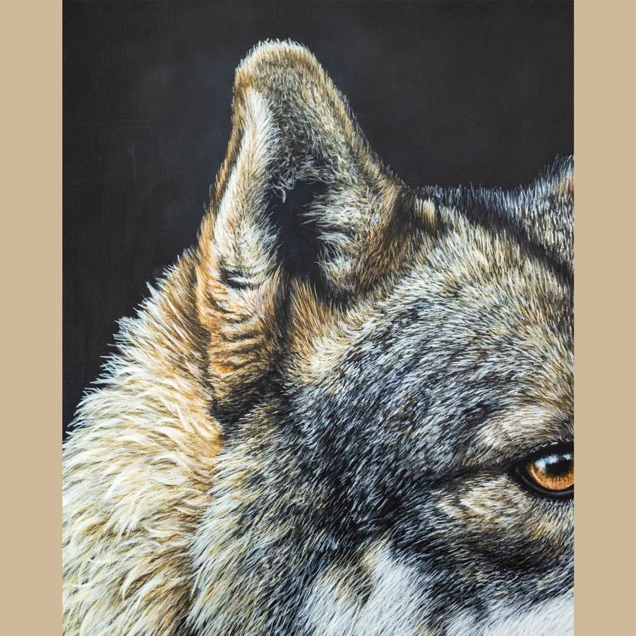 Close-up of the ear of a wolf painting