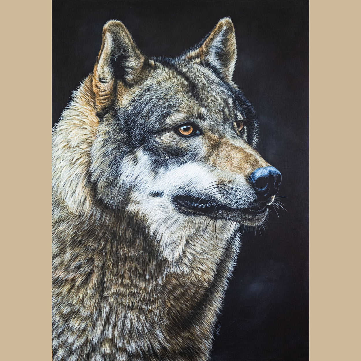 A painting of a wolf portrait on a dark background