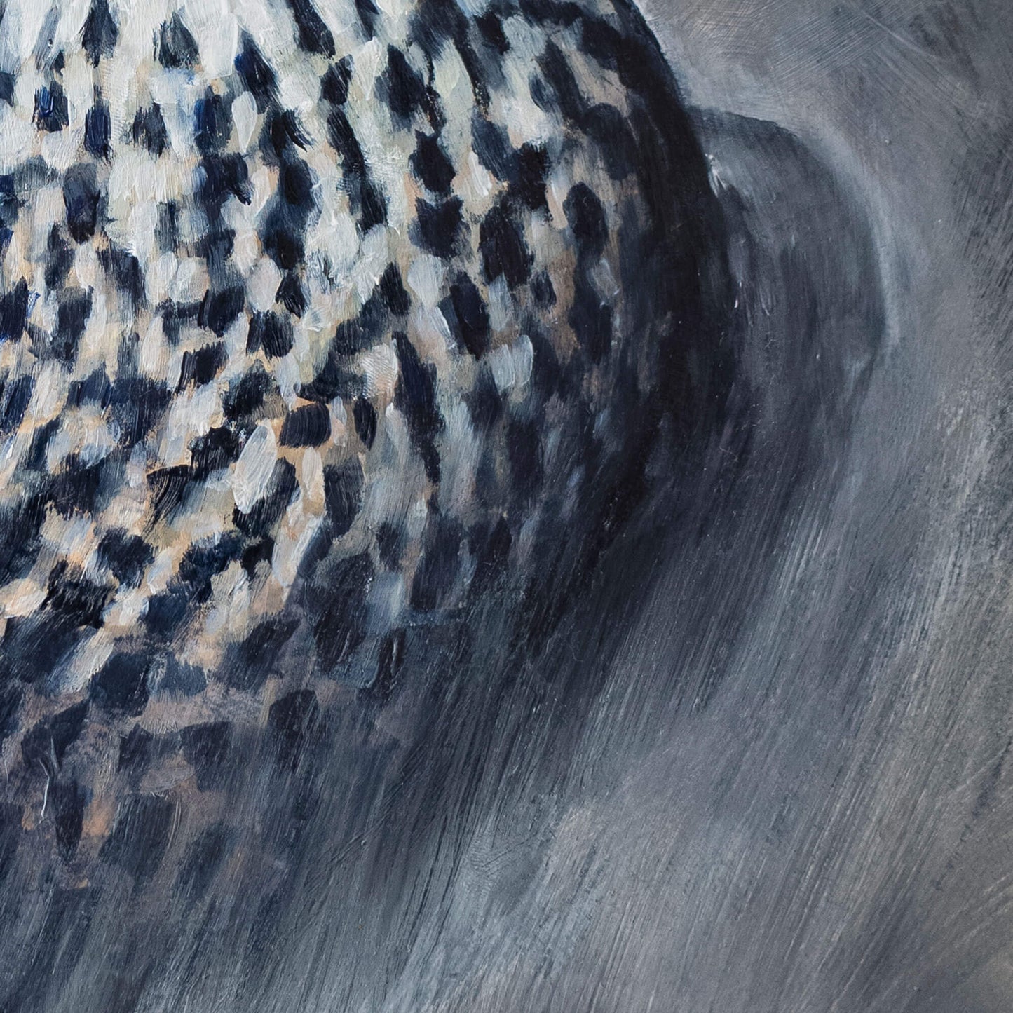 Close-up o f a painting of a peregrine falcon chest feathers with expressive brushstrokes by Jill Dimond