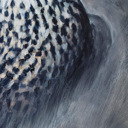 Close-up o f a painting of a peregrine falcon chest feathers with expressive brushstrokes by Jill Dimond