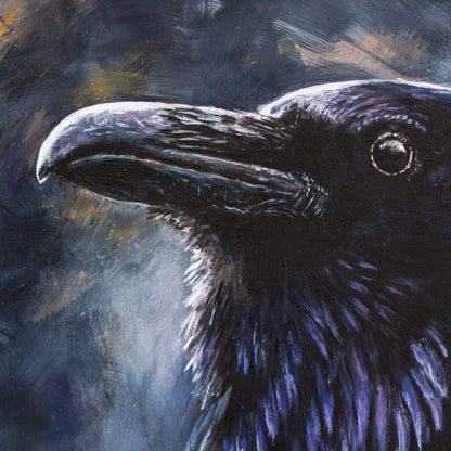 Original raven painting close-up of a the head with eye and beak details, by bird artist Jill Dimond.