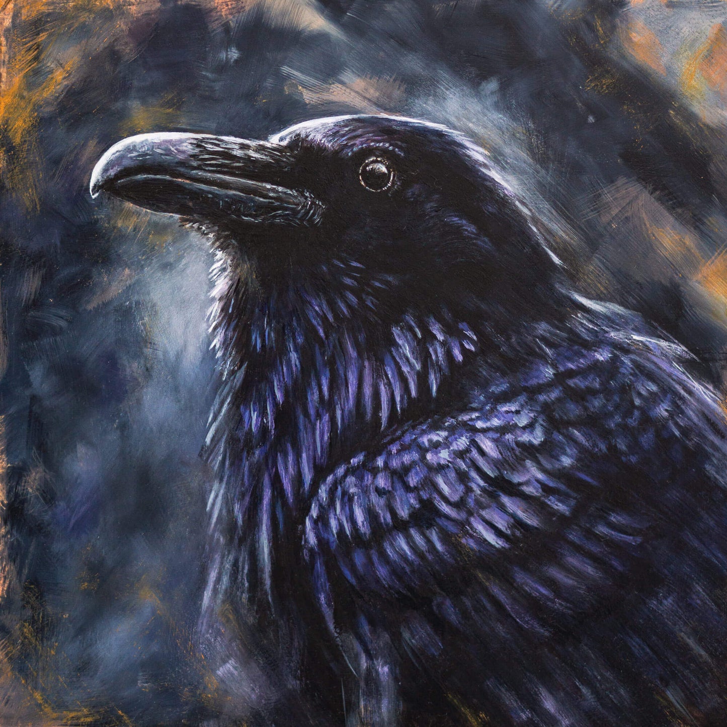 Original raven painting by bird artist Jill Dimond, featuring detailed corvid plumage.
