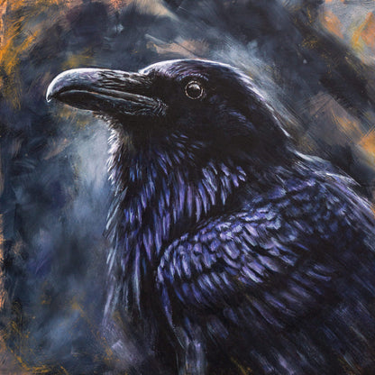 Original raven painting by bird artist Jill Dimond, featuring detailed corvid plumage.