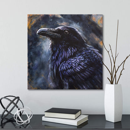 Painting of a raven on a wall above a table with books and a vase, by bird artist Jill Dimond.