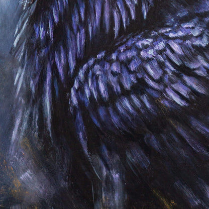 Raven painting close-up of the wing with detailed feather texture on a dark background, corvid art by bird artist Jill Dimond