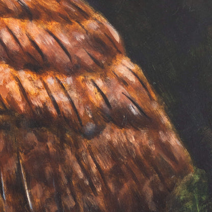 Tawny owl original oil painting detail close-up of painted feathers