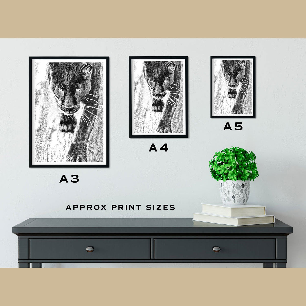 Black Leopard Wall Art Print Size Comparison - The Thriving Wild