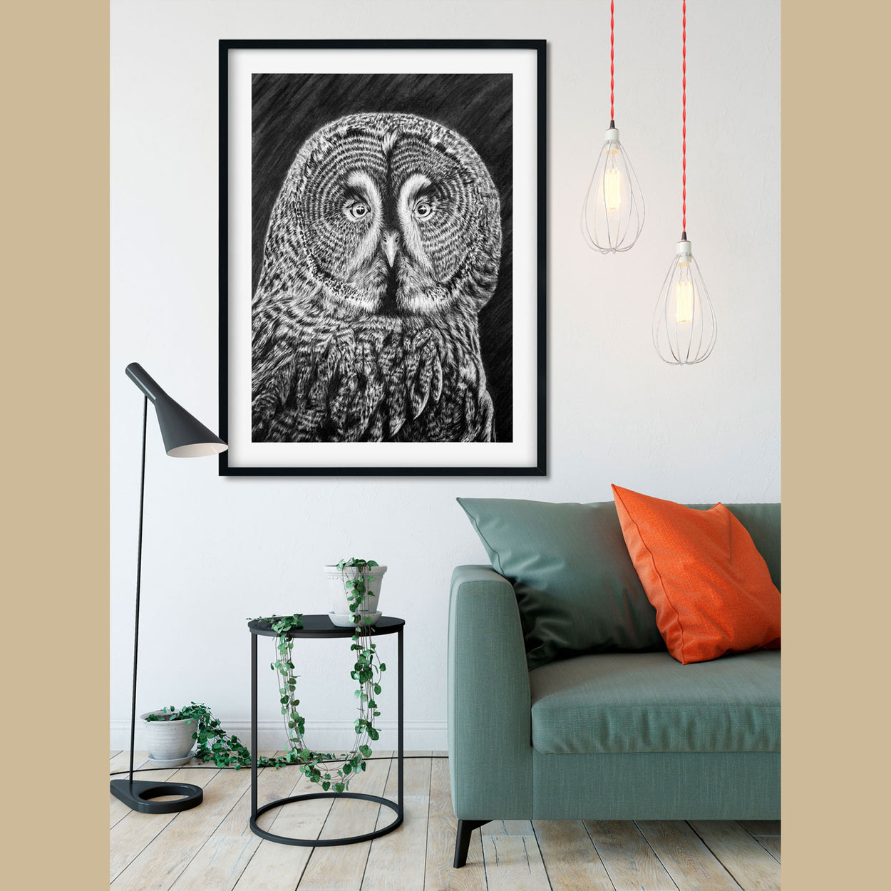 Great Grey Owl Charcoal on Wall - Jill Dimond The Thriving Wild