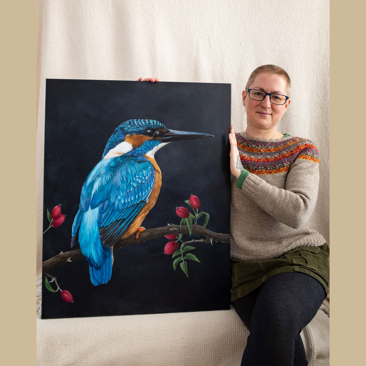 Jill Dimond Bird Artist with Kingfisher Painting